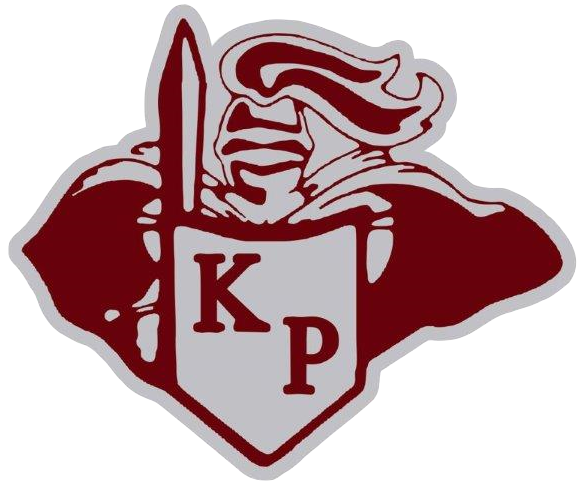 Kings Park Athletic Boosters Logo -- Maroon and grey Knight holding a shield and sword with letters K P on the shield