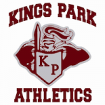 Kings Park Athletic Boosters Logo -- Maroon and grey Knight on a white background holding a shield and sword with letters K P on the shield